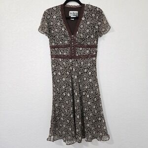 Vintage‎ Y2k 6p Brown Floral Print Midi Dress Short Sleeve Babydoll